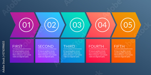 5 steps business process. Timeline infographic with arrows and 5 elements, options or levels for flowchart, presentation, layout, progress chart, workflow. Vector illustration.