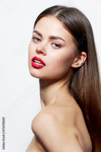 Woman Clean skin red lips fashion close-up spa treatments light 