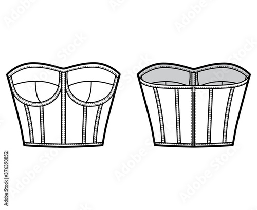 Corset-style bustier top technical fashion illustration with molded cups, close fit, back zip fastening, cropped length. Flat apparel template front back white color. Women men unisex shirt CAD mockup