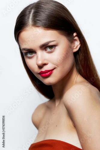 Woman Look forward red lips attractive model natural look 