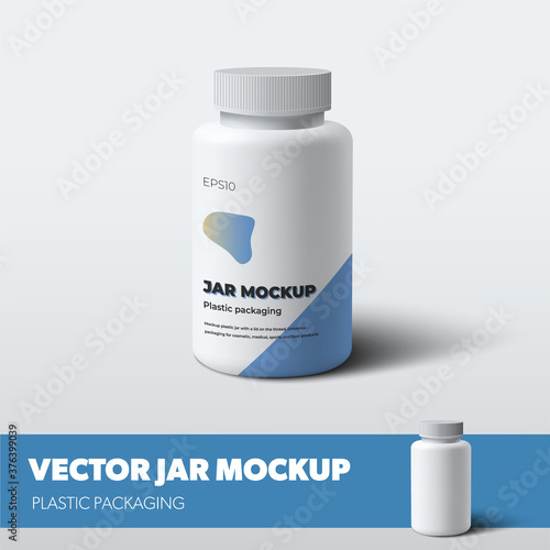 A mockup of a white jar with a screw cap, with a blue design and realistic shadows.