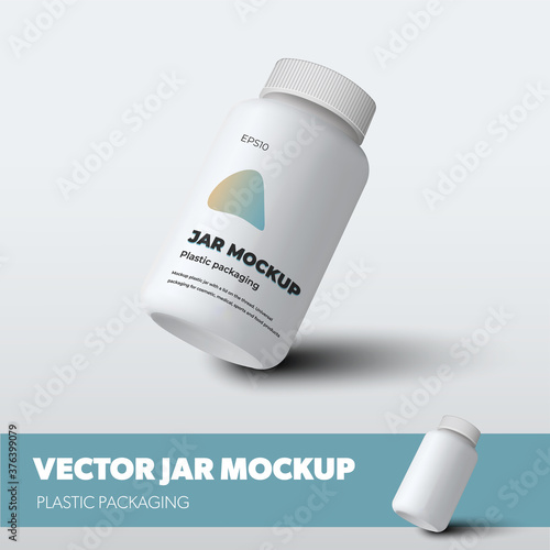 Jar vector template with lid, plastic packaging with realistic shadows, for presentation design, pattern.
