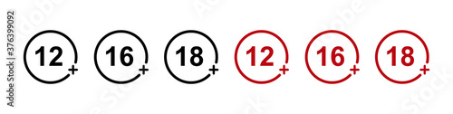 Age restriction . Set of age restriction signs. Censoring of different categories for children and adults - 12+,16+,18+ ages. Vector illustration