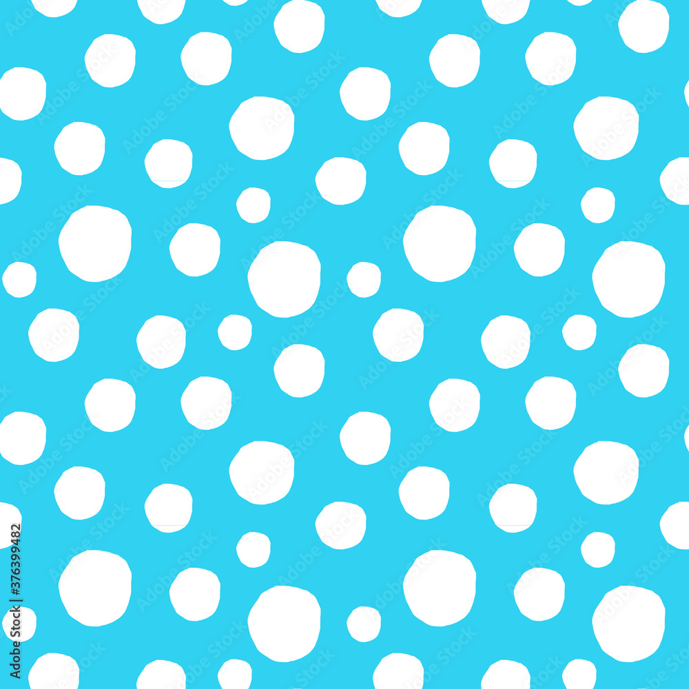 Abstract seamless pattern with white elements. Hand drawn style. White polka dots background on blue.