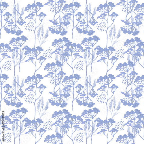 Floral seamless pattern with grass blue. Hand drawn sketch style. Nature background on white.