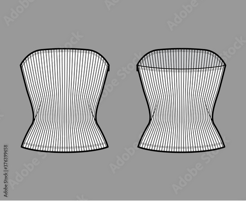 Ribbed tube top technical fashion illustration with side zip fastening, fitted body, round neckline, slim fit. Flat top apparel template front, back, white color. Women men unisex knit CAD mockup 