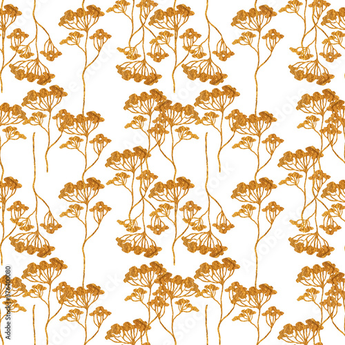 Floral seamless pattern with grass gold. Hand drawn sketch style. Nature background on white.