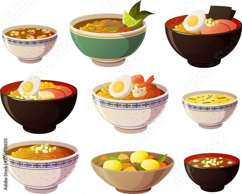 Vector illustration of various asian noodle soups in colorful bowls isolated on white background.