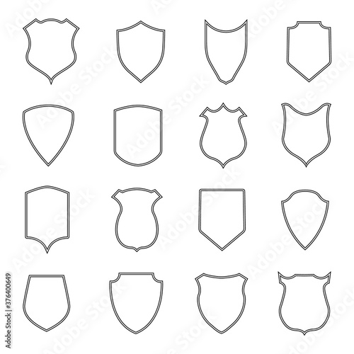 Shield of coat. Outline badge of police. Crest of protect with borders. Emblem for soccer, army, club. Blank icon for footbal team. Simple shapes with frames for logos of security, military. Vector