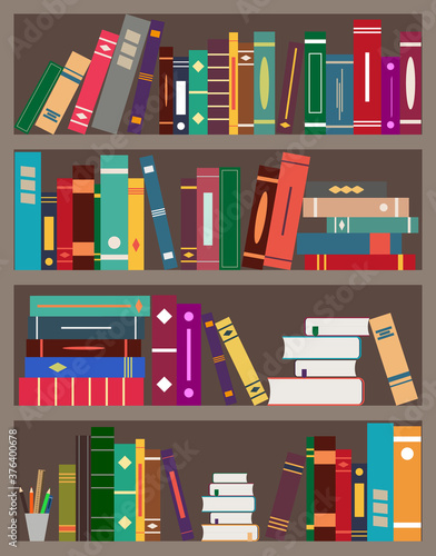 Bookshelfes with books. Bookcase in library. Background for bookstore with wall, wooden shelf and stack books. Pattern for school, office, university, literature room. Old design of interior. Vector