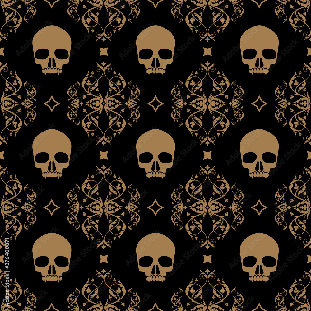 Decorative floral seamless pattern in vintage gothic style vector with skulls