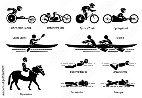Disabled racing sports and games for handicapped athlete stick figures icons. Vector symbols of wheelchair racing, cycling, rowing, equestrian and swimming activities for people with disabilities.