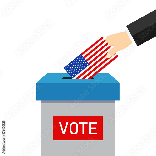Vote 2020 in usa. Paper ballot and box for presidential election. Hand voter with card is symbol democracy. Icon for election day. Put envelope in box. Senate, policy, congress, candidates. Vector