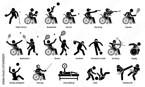 Disabled indoor sport and games for handicapped athlete stick figures icons. Vector signs and symbols of competitive sports for people with disabilities.