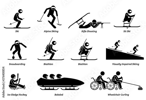 Disabled winter sports and games for handicapped athlete stick figures icons. Vector symbols of skiing, snowboarding, biathlon, ice sledge hockey, and wheelchair curling for physical disabilities.