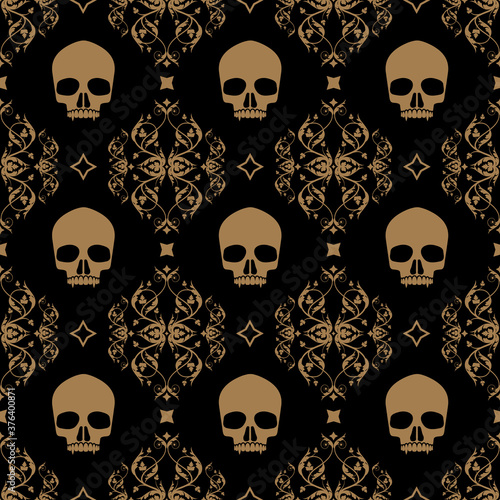 Decorative floral seamless pattern in vintage gothic style vector with skulls
