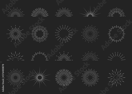 Sunburst logos. Starburst icons. Sun burst with shine in line style. Explosion with rays. Retro emblem for abstract decoration. Graphic star or sunrise. Set of vintage sunshines and sparks. Vector