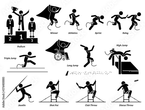 Disabled field and track sports games for handicapped athlete stick figures icons. Vector symbols of competitive sport game for people with disabilities.