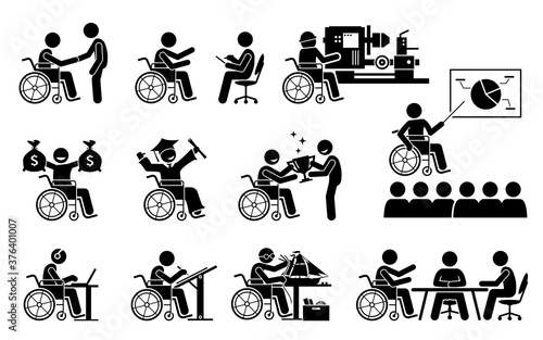 Successful disabled person having a good career and work stick figures icons. Vector illustrations of a handicapped working man with achievement in education and accomplishment in life.