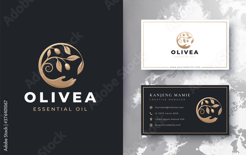 olive oil branch with hand up logo design