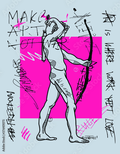 Adriaen de Vries Apollo with bow for shooting sculpture. Vector hand drawn illustration.  Crazy pink calligraphy