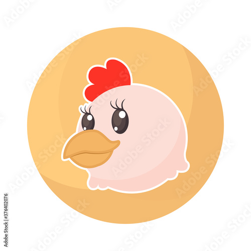 Cute flirty chicken brand logo template. Business or restaurant mascot. Flat vector cartoon design isolated on white background.