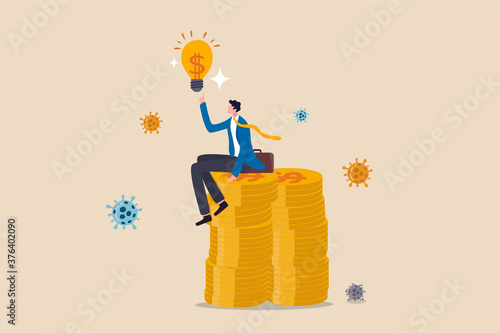 Business idea or investment opportunity to make money in COVID-19 Coronavirus pandemic concept, success businessman leader sitting on money coins stack thinking with light bulb idea, COVID-19 virus.