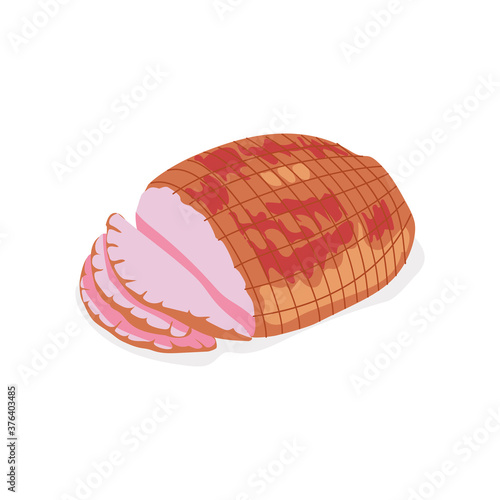 Smoked delicious sliced ham. Delicious gastronomic meet product. Butchery shop, farm market or processing plant design vector illustration isolated on white background