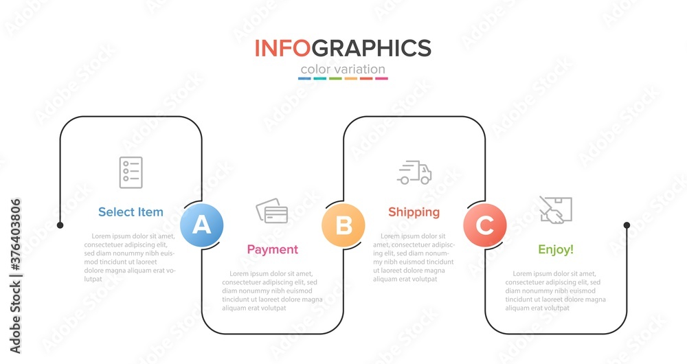 Concept of shopping process with 4 successive steps. Four colorful graphic elements. Timeline design for brochure, presentation, web site. Infographic design layout.