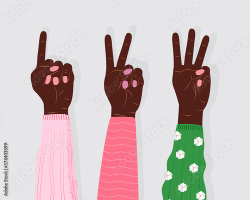 Hand gesture sign vector. Set of counting on fingers. Five wrist icons with finger count in cartoon style.