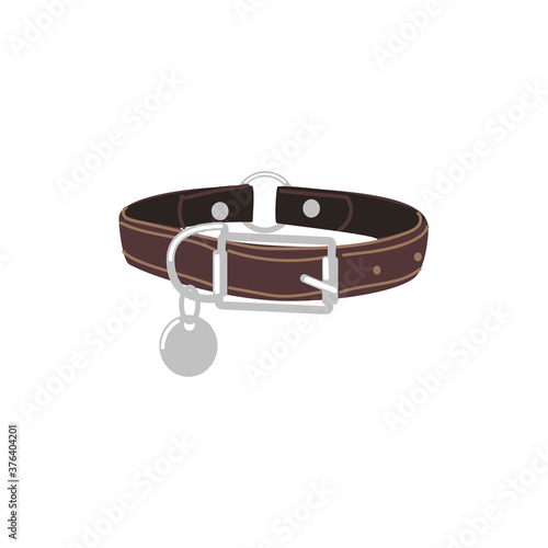 Brown leather dog collar. Pet animal accessory with silver buckle round badge cartoon vector illustration isolated on white background