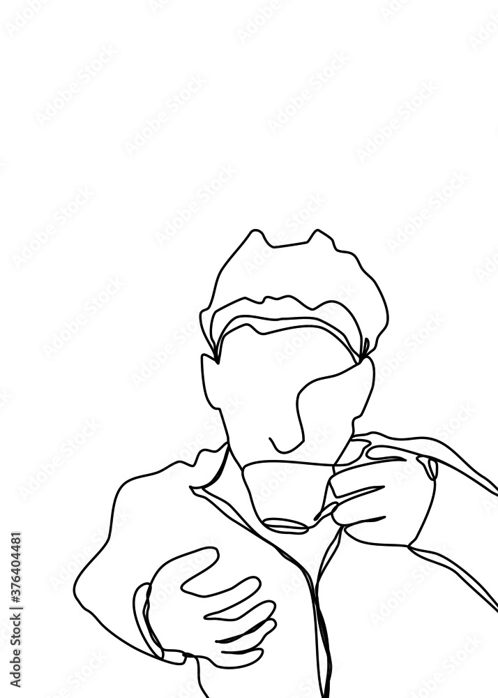 drawing line, man drinking coffee