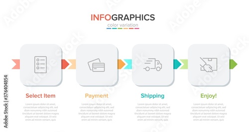 Concept of shopping process with 4 successive steps. Four colorful graphic elements. Timeline design for brochure, presentation, web site. Infographic design layout.