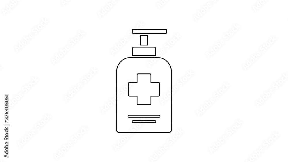 Black line Bottle of liquid antibacterial soap with dispenser icon isolated on white background. Antiseptic. Disinfection, hygiene, skin care. 4K Video motion graphic animation. Black line Bottle of liquid antibacterial soap with dispenser icon isolated on white background. Antiseptic. Disinfection, hygiene, skin care. 4K Video motion graphic animation.