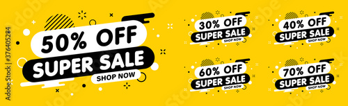 Sale banner, special offer and sale. Shop now or this weekend only. Up to 50 or 60 or 70 off. Discount, promotion, web banner, mega sale. Vector illustration.
