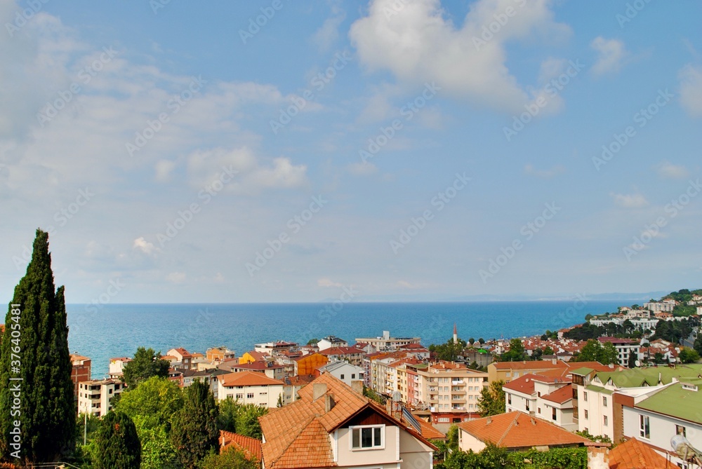 Panoramic view of houses facing Black Sea. Akcakoca Turkey