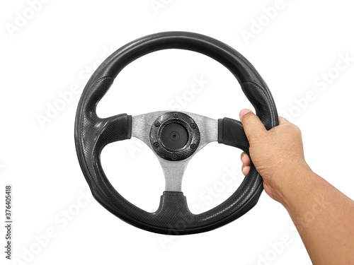 Hands holding steering wheel isolated on white © Retouch man