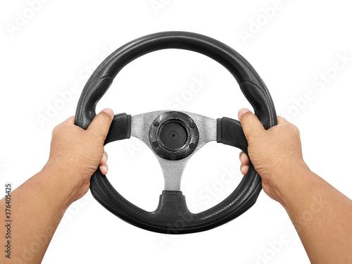 Hands holding steering wheel isolated on white © Retouch man