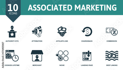 Associated Marketing icon set. Collection contain affiliate, link, agreement, tracking, code, advertiser, viral, marketing, affiliate marketing and over icons. Associated Marketing elements set
