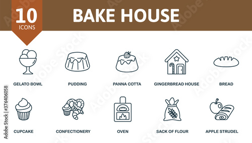 Bake House icon set. Collection contain apple, strudel, pancake, donut, apple, pie, pretzel, waffle, croissant, muffin, cream, cone, pudding and over icons. Bake House elements set.