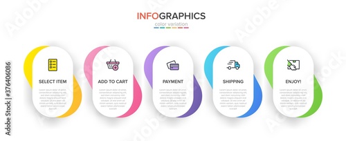 Concept of shopping process with 5 successive steps. Five colorful graphic elements. Timeline design for brochure, presentation, web site. Infographic design layout.