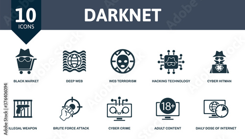 Darknet icon set. Collection contain black, market, deep, web, terrorism, hacking, technology, cyber and over icons. Darknet elements set.
