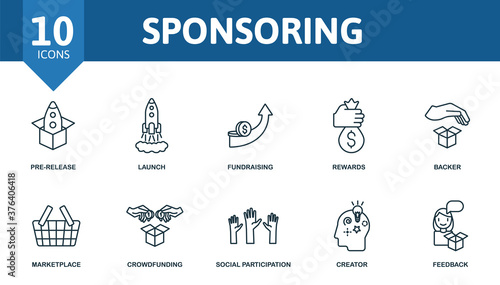 Sponsoring icon set. Collection contain marketplace, crowdfunding, social participation, creator and over icons. Sponsoring elements set.