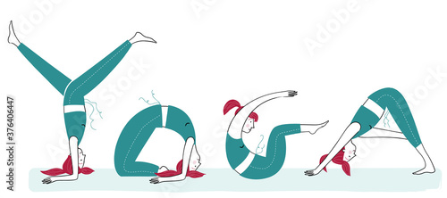 The word "yoga" spelled out in yoga poses