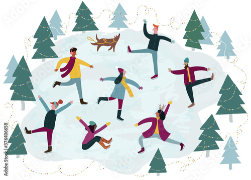 A group of people iceskating surrounded by trees with a white background