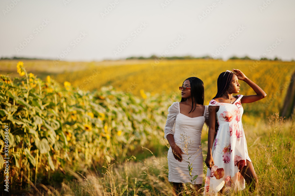 Two pretty young black friends woman wear summer dress pose in a sunflower field. Two pretty young black friends woman wear summer dress pose in a sunflower field.