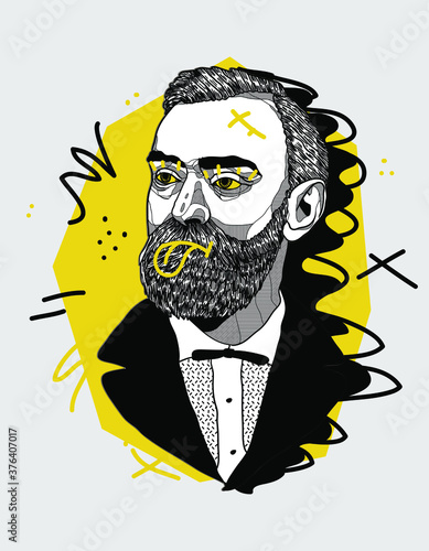 Vector illustration hand drawn. Alfred Bernhard Nobel. Creative geometric yellow style. photo