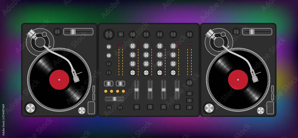 Mixer equipment entertainment DJ station. Top view. Black Dj set. View from above. Mixer equipment entertainment DJ station. Top view. Black Dj set. View from above.