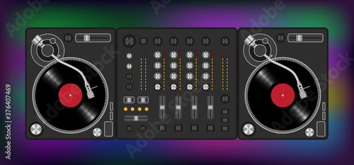 Mixer equipment entertainment DJ station. Top view. Black Dj set. View from above.