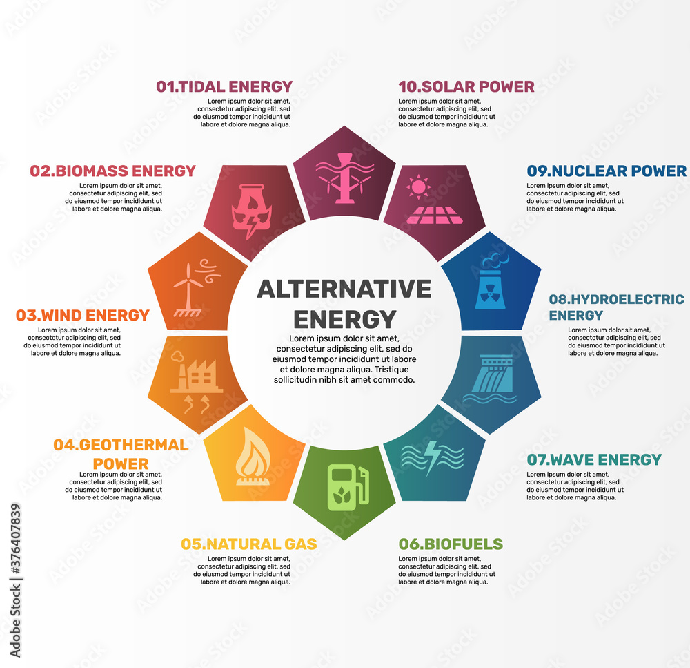 Infographic Alternative Energy template. Icons in different colors. Include Tidal Energy, Biomass Energy, Wind Energy, Geothermal Power and others. Infographic Alternative Energy template. Icons in different colors. Include Tidal Energy, Biomass Energy, Wind Energy, Geothermal Power and others.